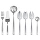 Set of silver cutlery including a fork, knife, ladle, and spoons on a white background