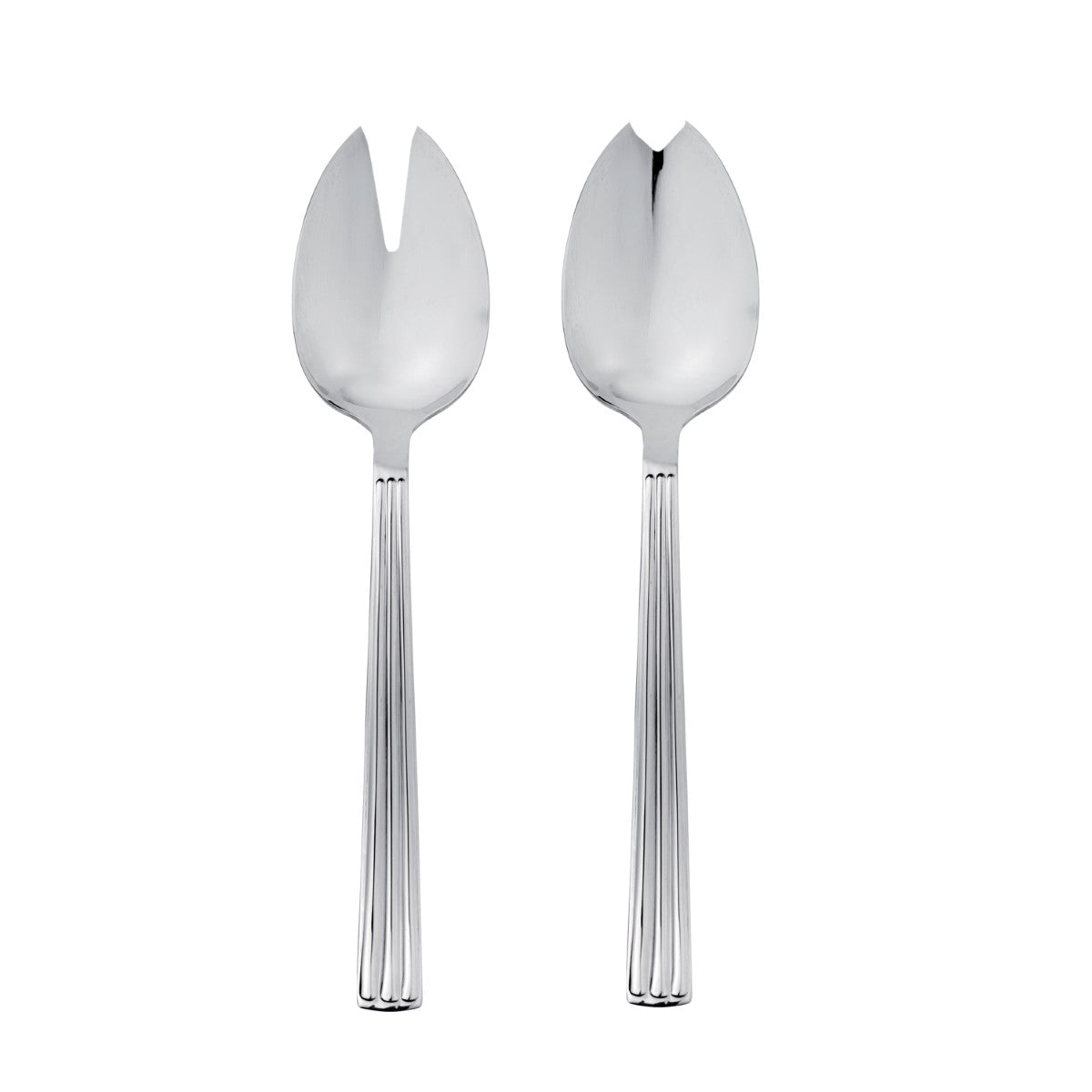 Two silver salad servers on a white background