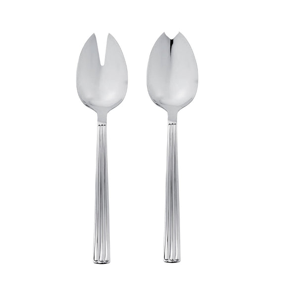 Two silver salad servers on a white background