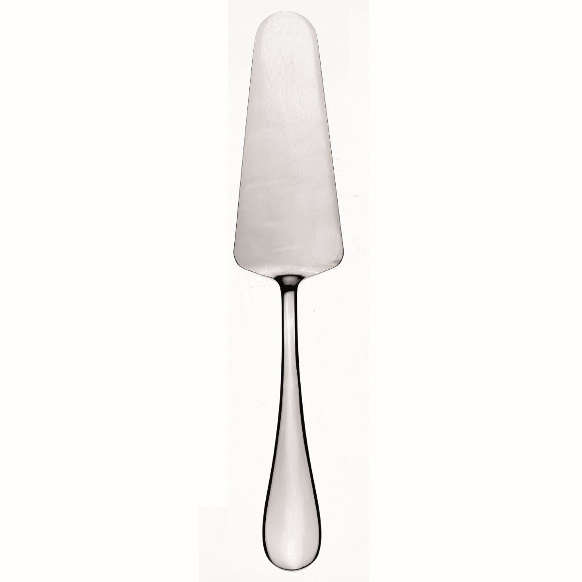 Metal cake server with a white marble-like handle on a white background