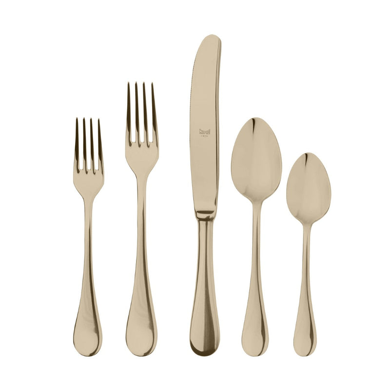 Set of gold cutlery including two forks, a knife, and two spoons on a white background.