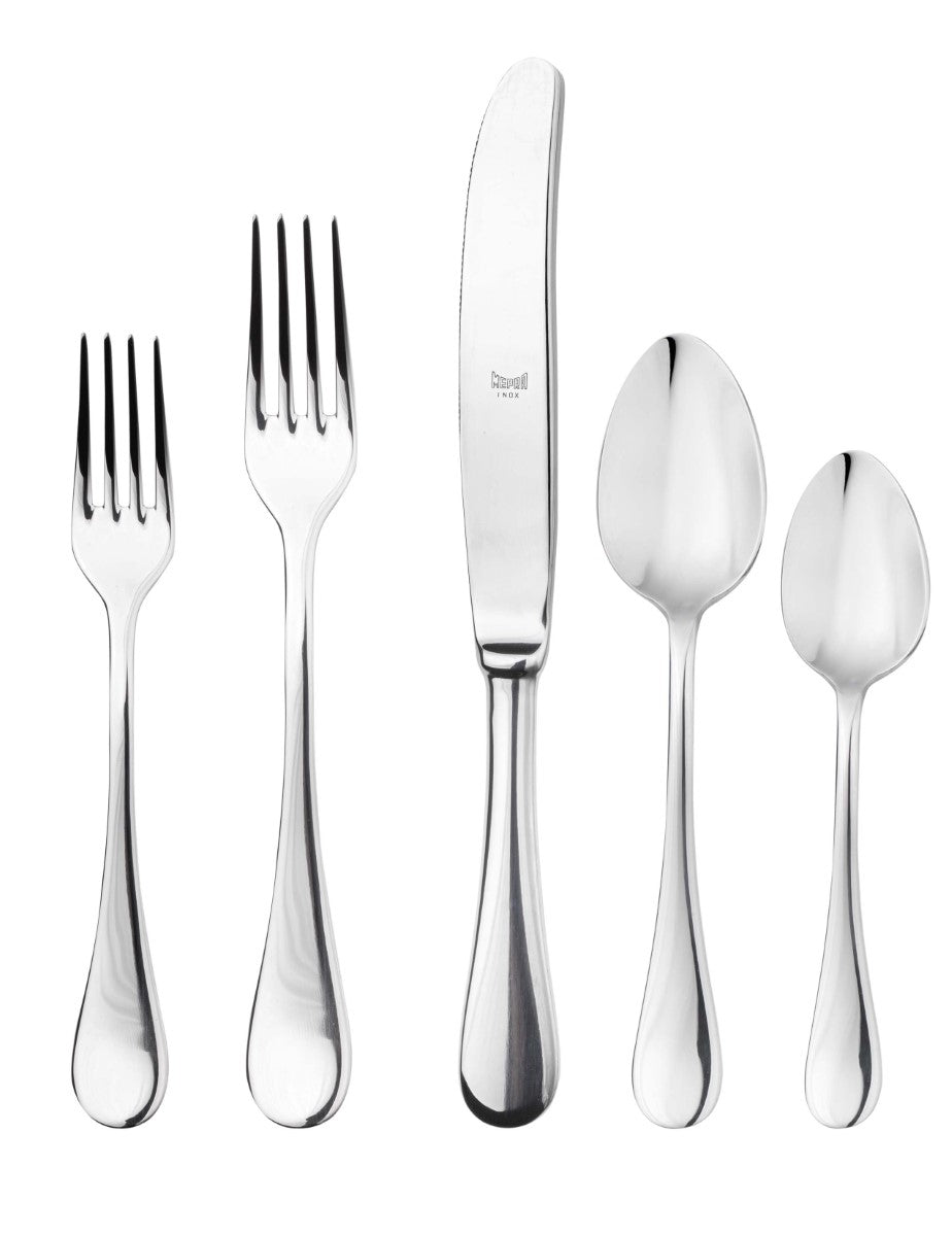 Set of silver cutlery including fork, knife, and spoons on a white background