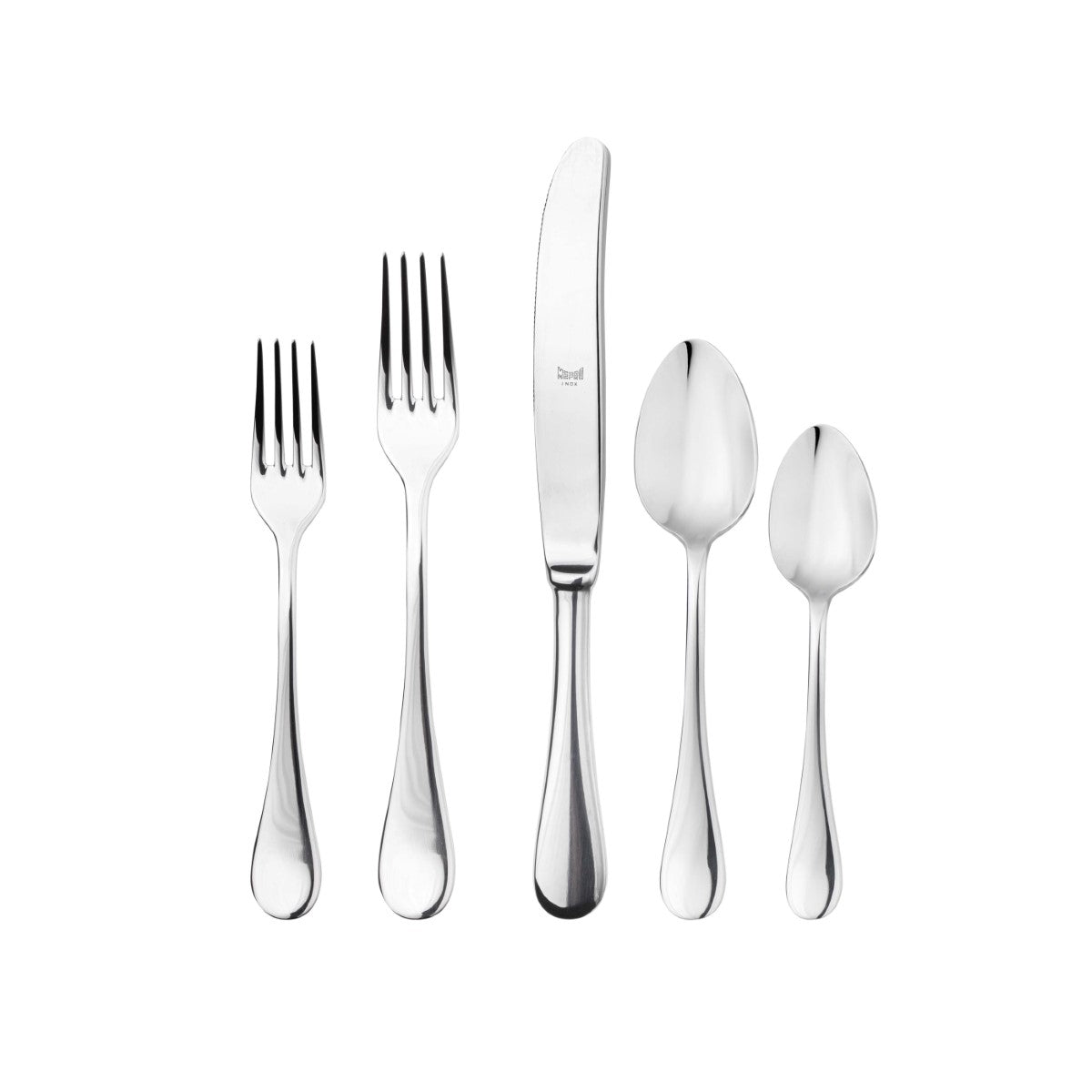 Set of silver cutlery including two forks, a knife, and two spoons on a white background.