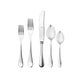 Set of silver cutlery including two forks, a knife, and two spoons on a white background.