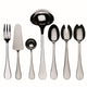 Set of silver cutlery including a fork, knife, ladle, and spoons on a white background