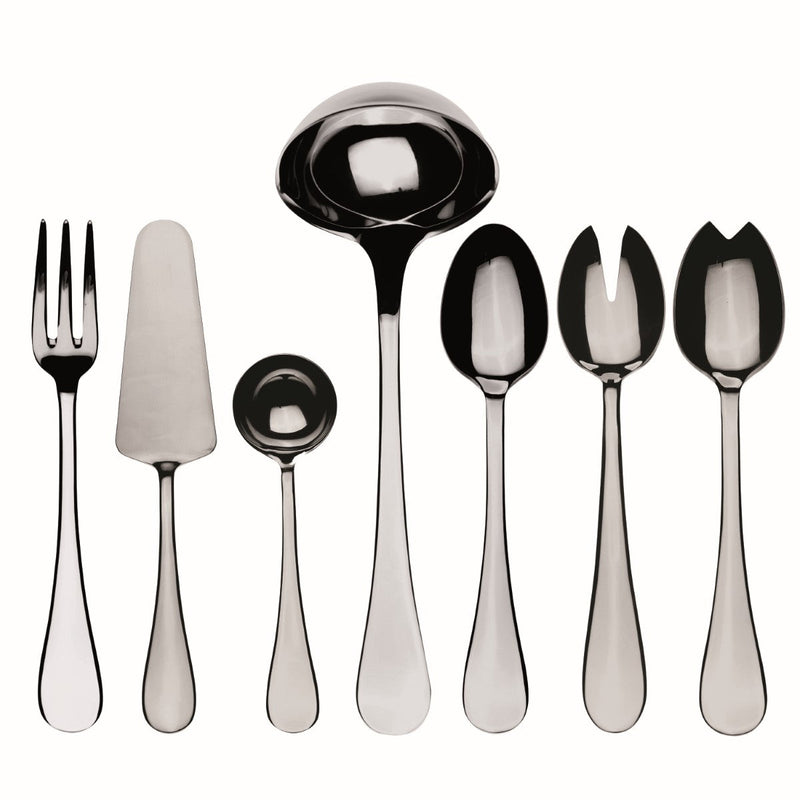 Set of silver cutlery including a fork, knife, ladle, and spoons on a white background