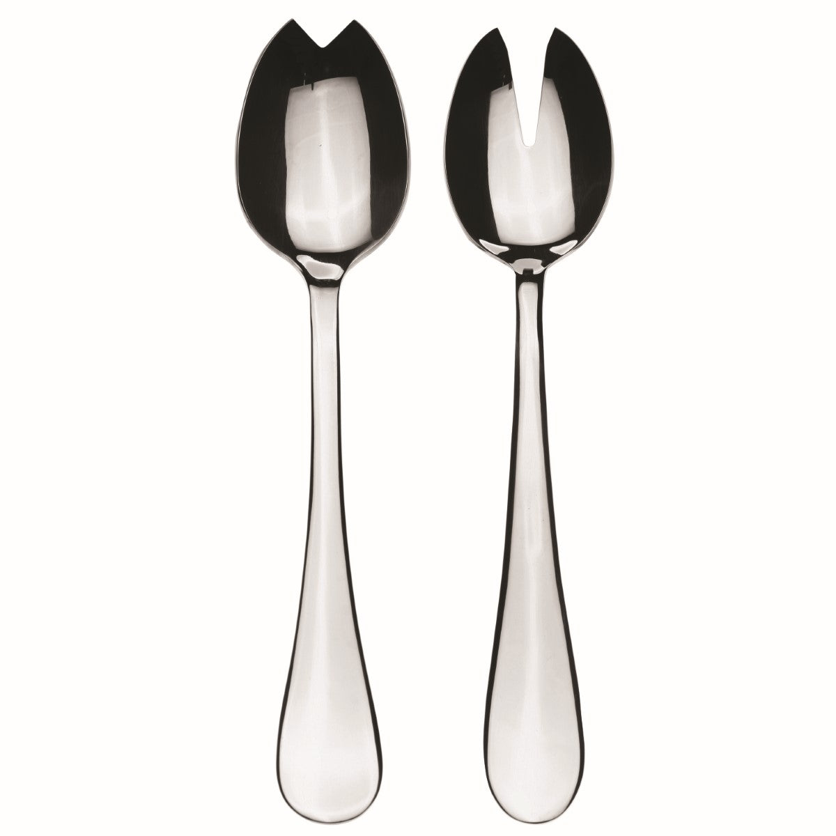 Two silver salad servers on a white background