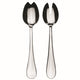 Two silver salad servers on a white background