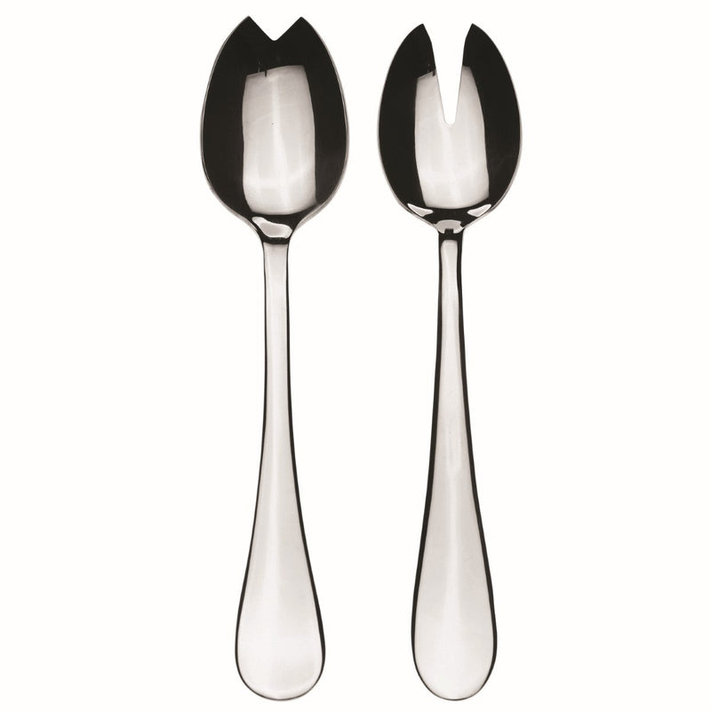 Two silver salad servers on a white background