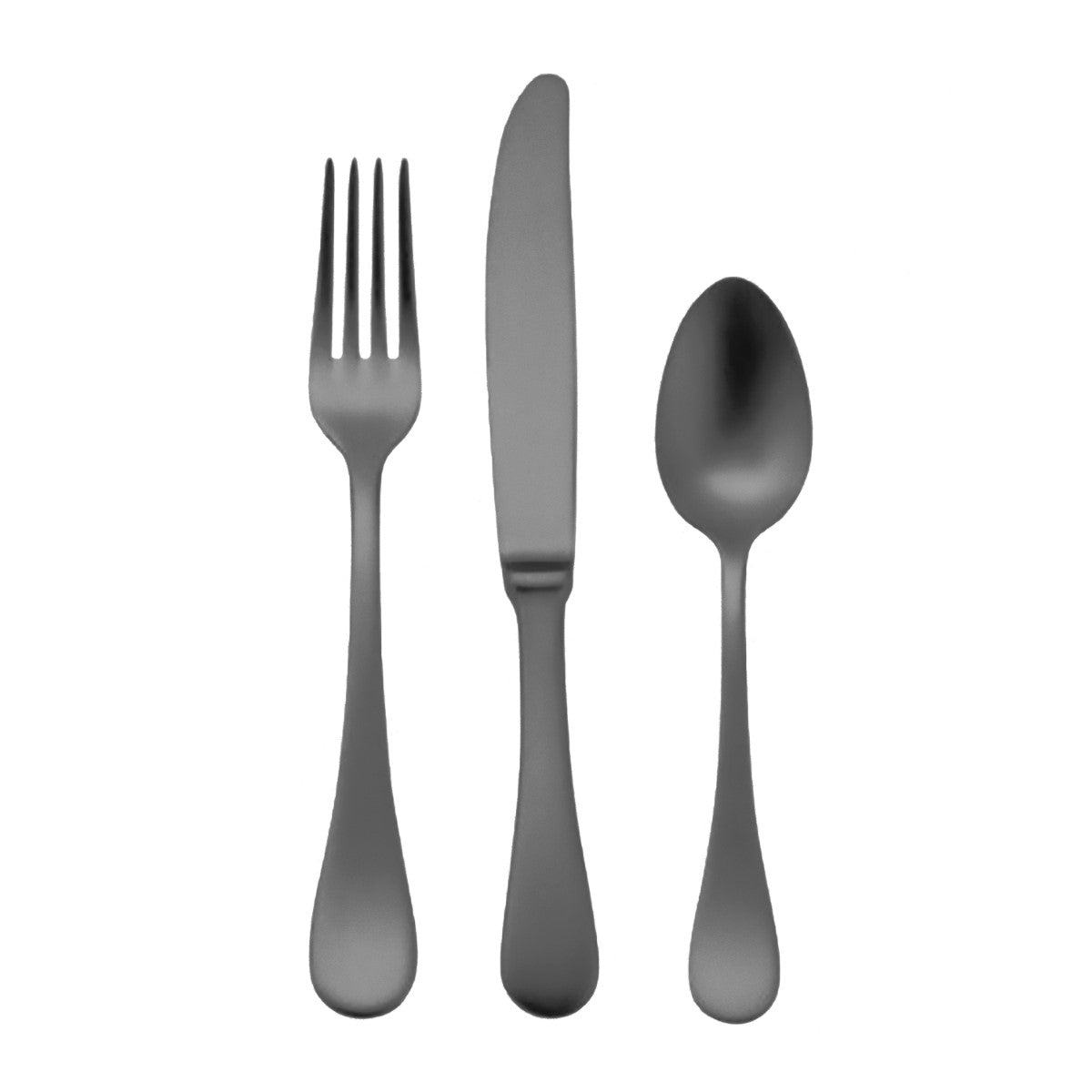 Gray cutlery set with fork, knife, and spoon on a white background