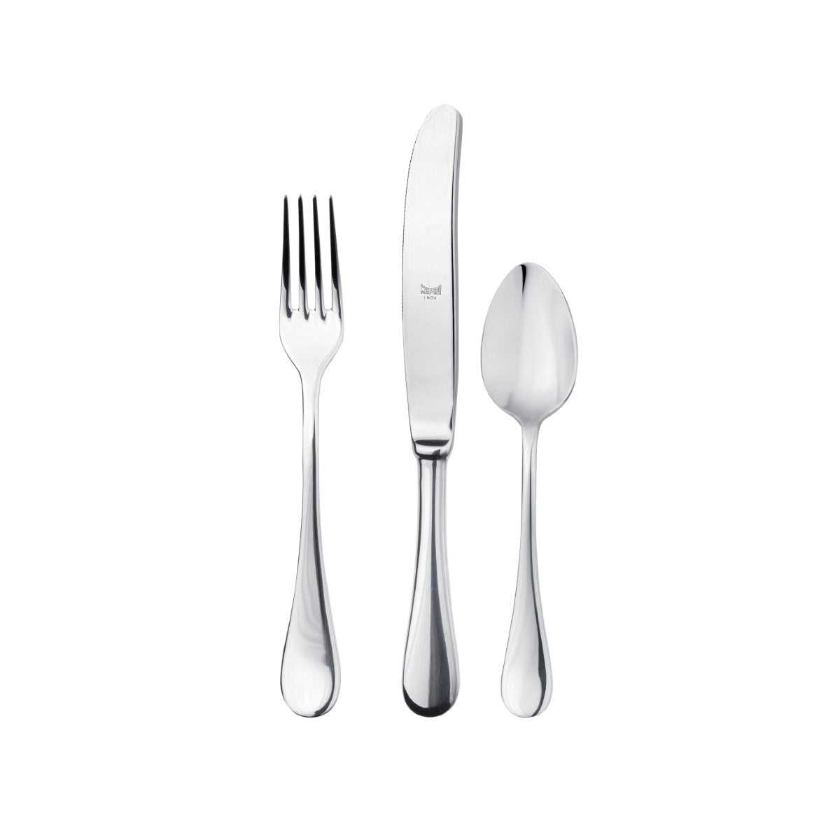 Set of silver cutlery including a fork, knife, and spoon on a white background