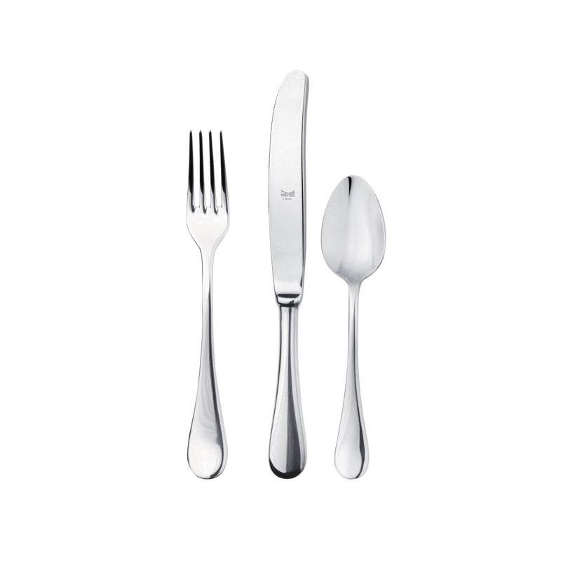 Set of silver cutlery including a fork, knife, and spoon on a white background