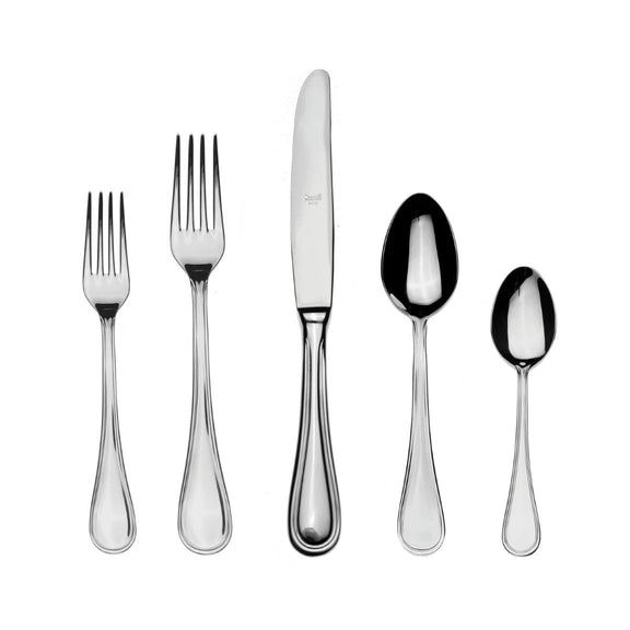 Set of silver cutlery including forks and spoons on a white background