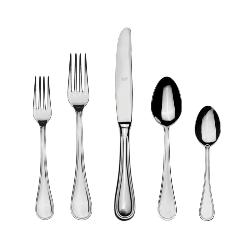 Set of silver cutlery including forks and spoons on a white background