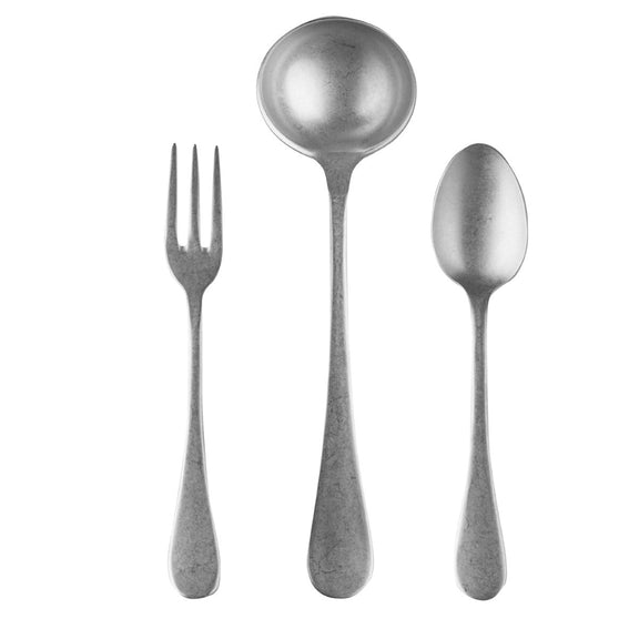 Set of silver cutlery including a fork and two spoons on a white background