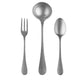 Set of silver cutlery including a fork and two spoons on a white background