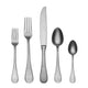 Set of silver cutlery including two forks, a knife, and two spoons on a white background