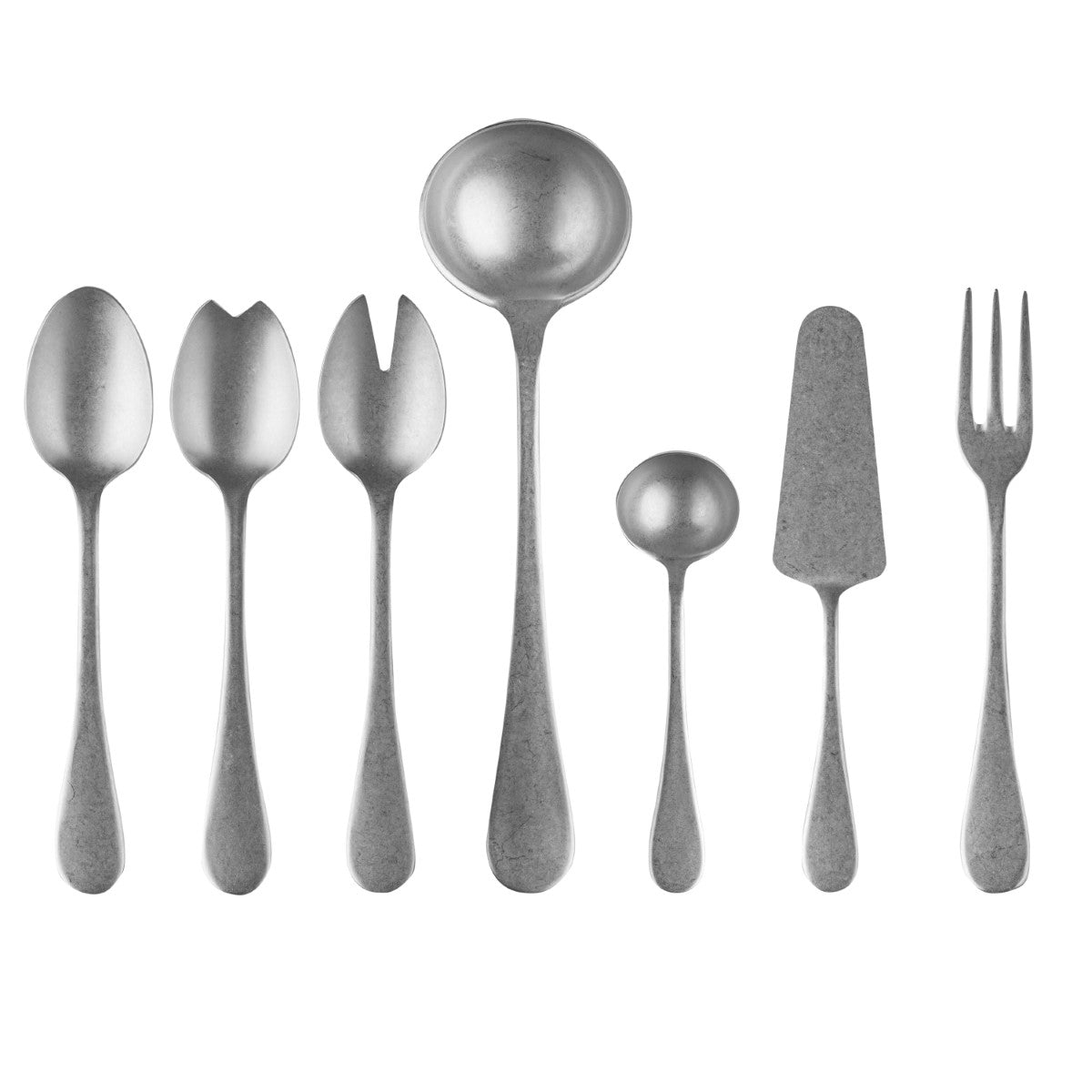 Set of silver flatware including spoons, a fork, and a knife on a white background