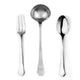 Set of silver cutlery including a fork, ladle, and spoon on a white background