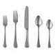 Set of silver cutlery including two forks, a knife, and two spoons on a white background.