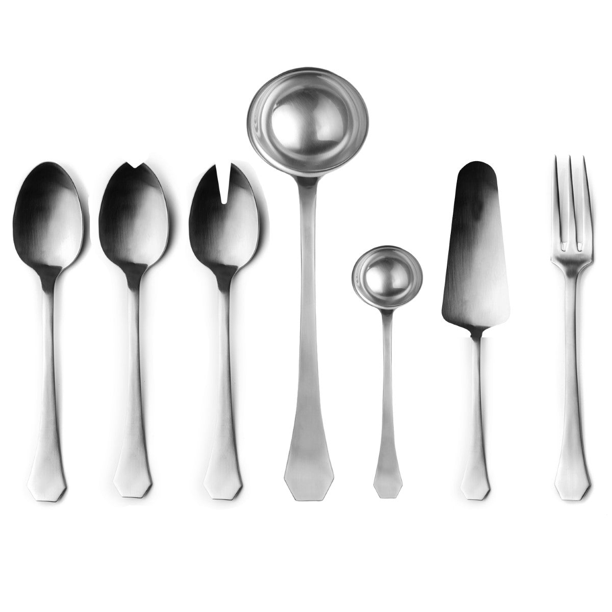 Set of silver cutlery including spoons, a ladle, and a fork on a white background