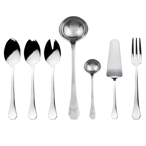 Set of silver cutlery including spoons, a ladle, and a fork on a white background