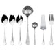 Set of silver cutlery including spoons, a ladle, and a fork on a white background