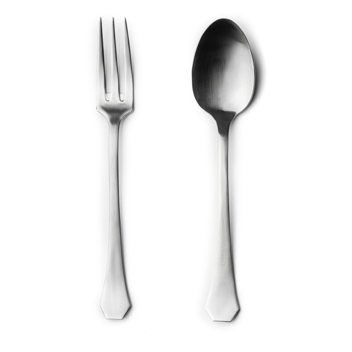 Stainless steel fork and spoon on a white background