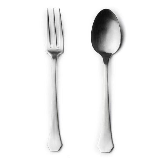 Stainless steel fork and spoon on a white background