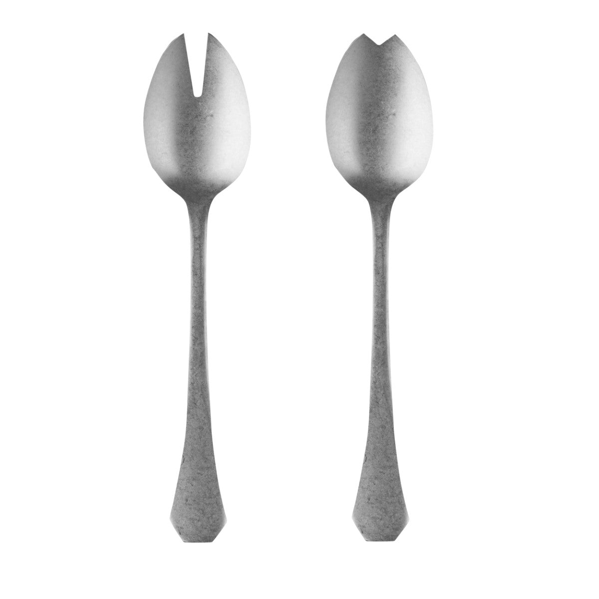 Two silver salad servers on a white background