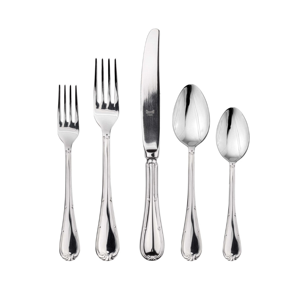 Set of silver cutlery including forks and spoons on a white background
