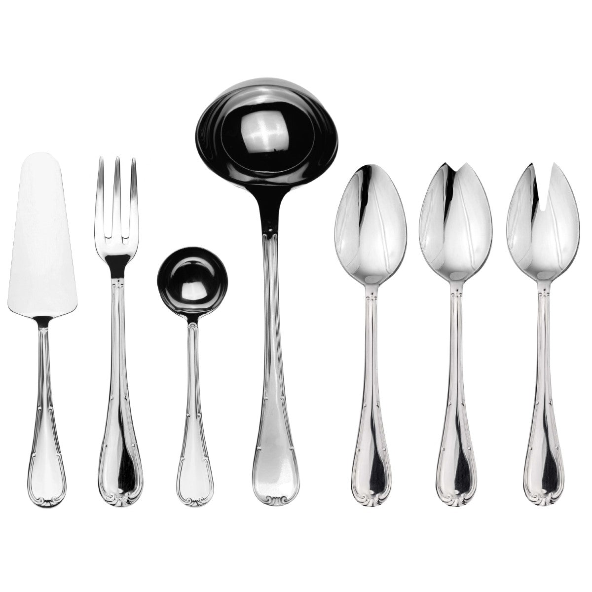 Set of silver cutlery including forks, spoons, and ladles on a white background
