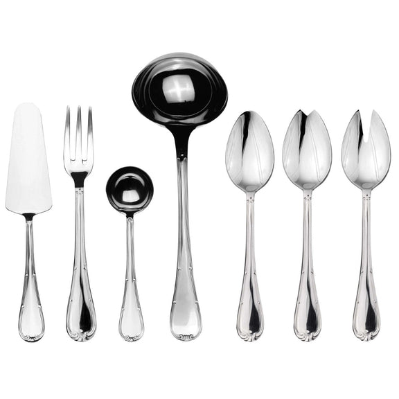 Set of silver cutlery including forks, spoons, and ladles on a white background