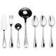 Set of silver cutlery including forks, spoons, and ladles on a white background