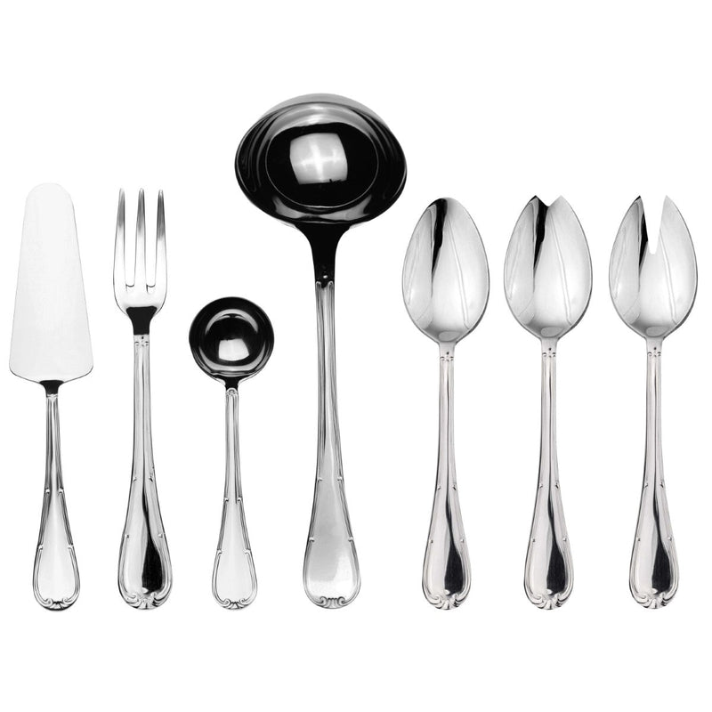 Set of silver cutlery including forks, spoons, and ladles on a white background