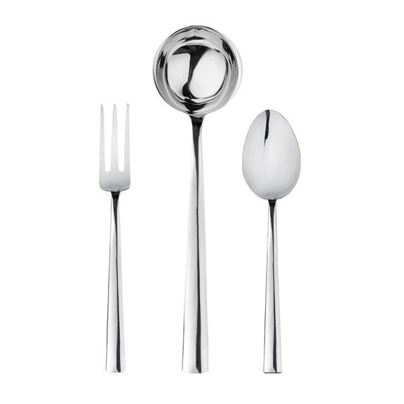 Set of silver cutlery including a fork, ladle, and spoon on a white background
