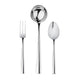 Set of silver cutlery including a fork, ladle, and spoon on a white background