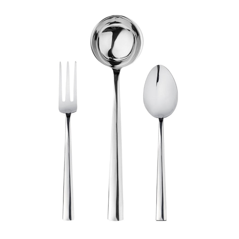 Set of silver cutlery including a fork, ladle, and spoon on a white background