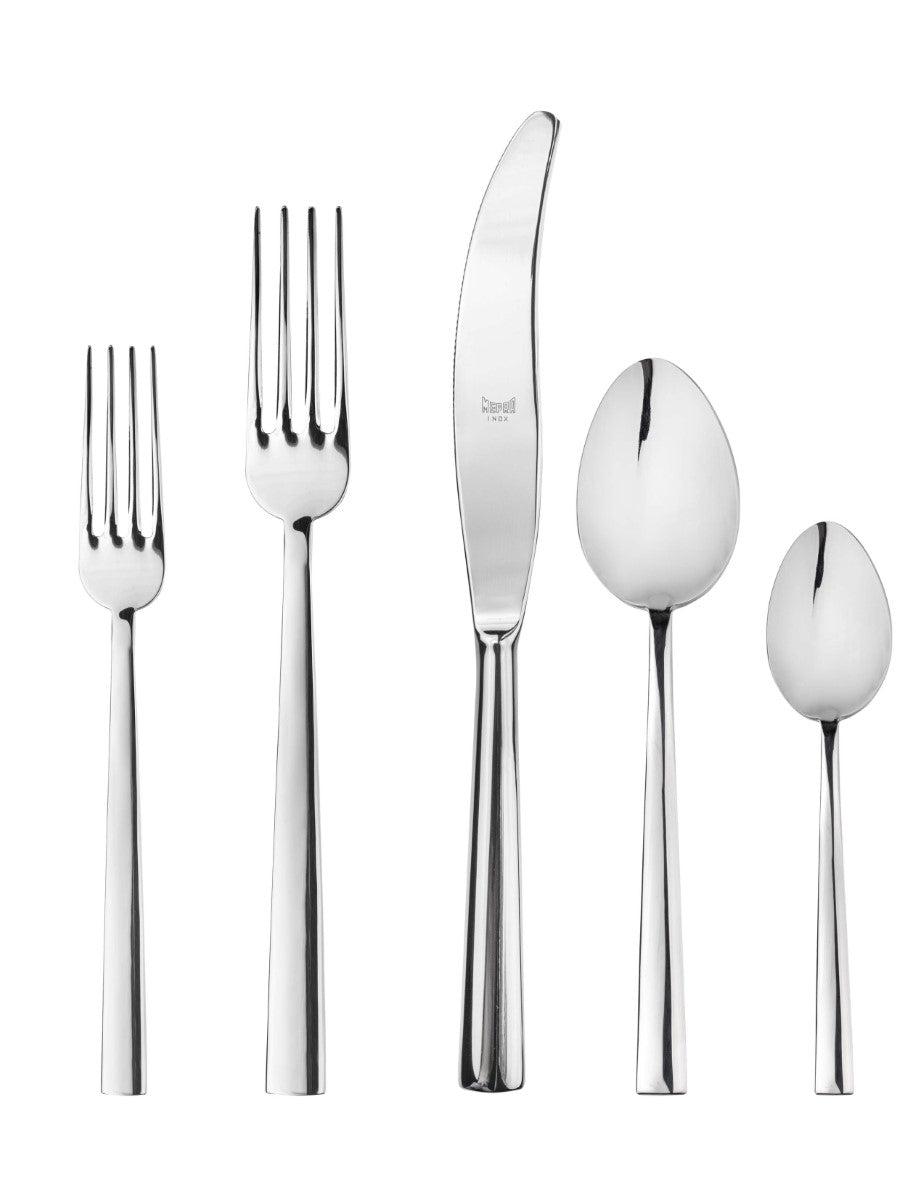 Set of silver cutlery including knife, fork, and spoons on a white background