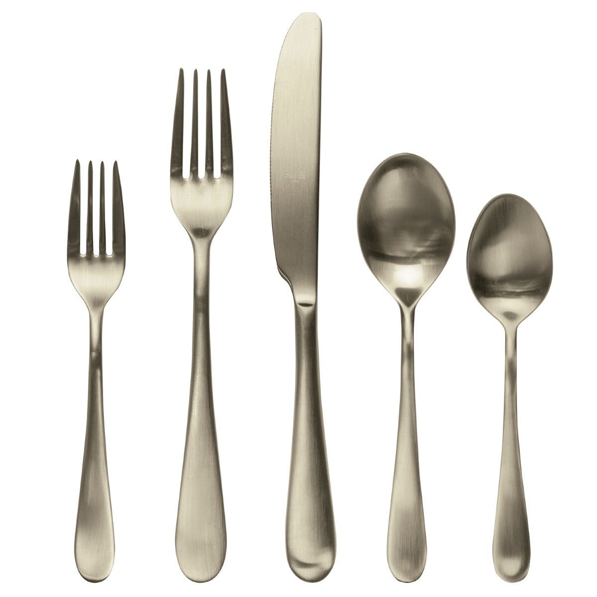 Set of silver cutlery including two forks, two spoons, and a knife on a white background