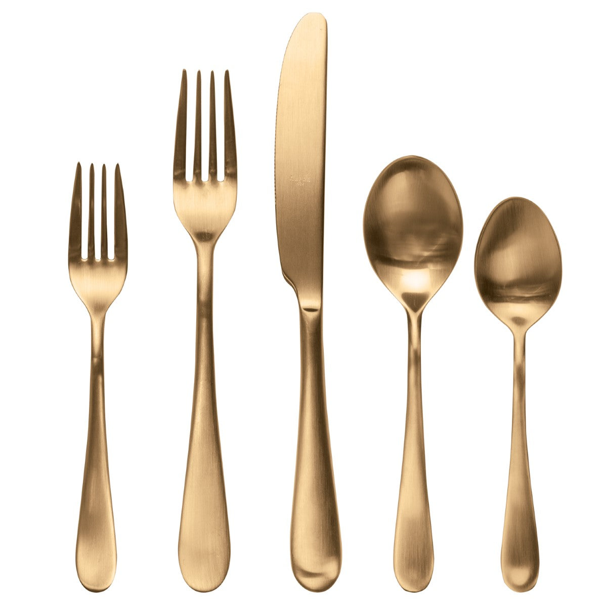Set of gold cutlery including two forks, a knife, and two spoons on a white background.