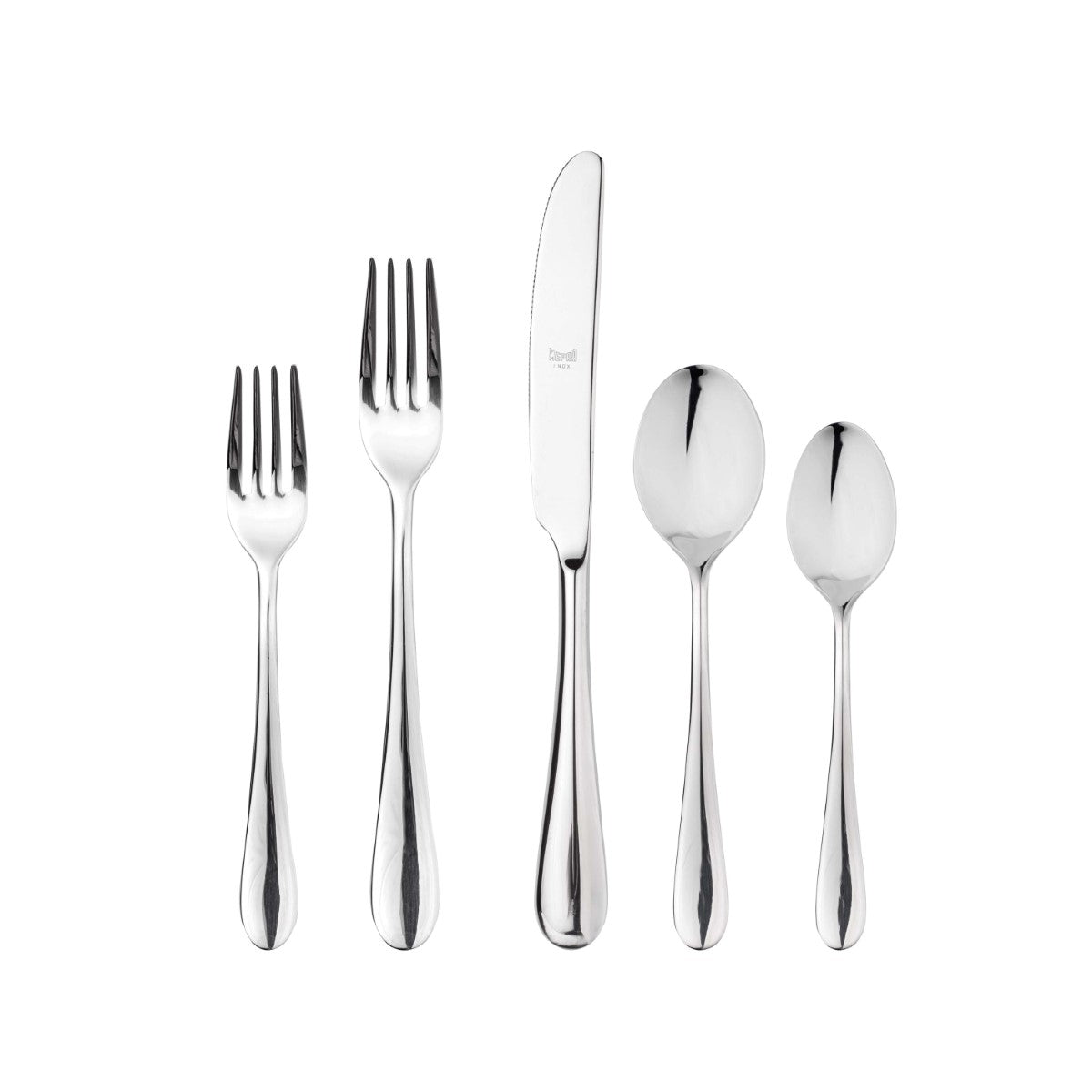 Set of silver cutlery including forks, knives, and spoons on a white background