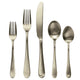 Set of silver cutlery including two forks, two spoons, and a knife on a white background