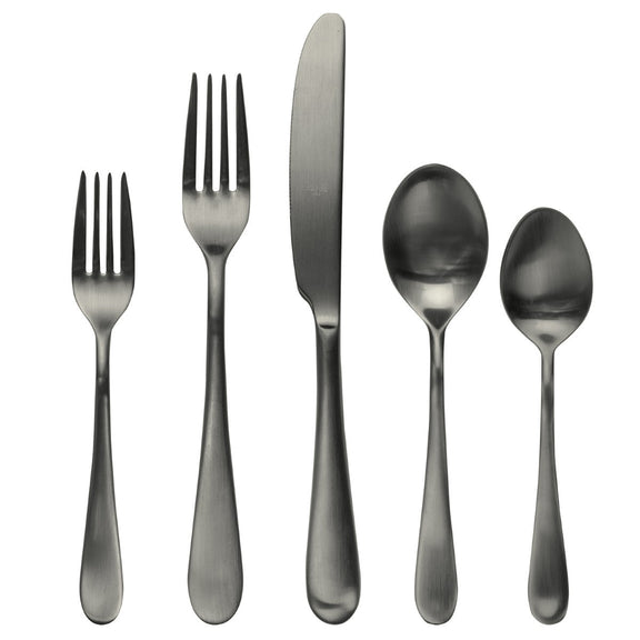 Set of silver cutlery including two forks, a knife, and two spoons on a white background.