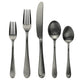 Set of silver cutlery including two forks, a knife, and two spoons on a white background.