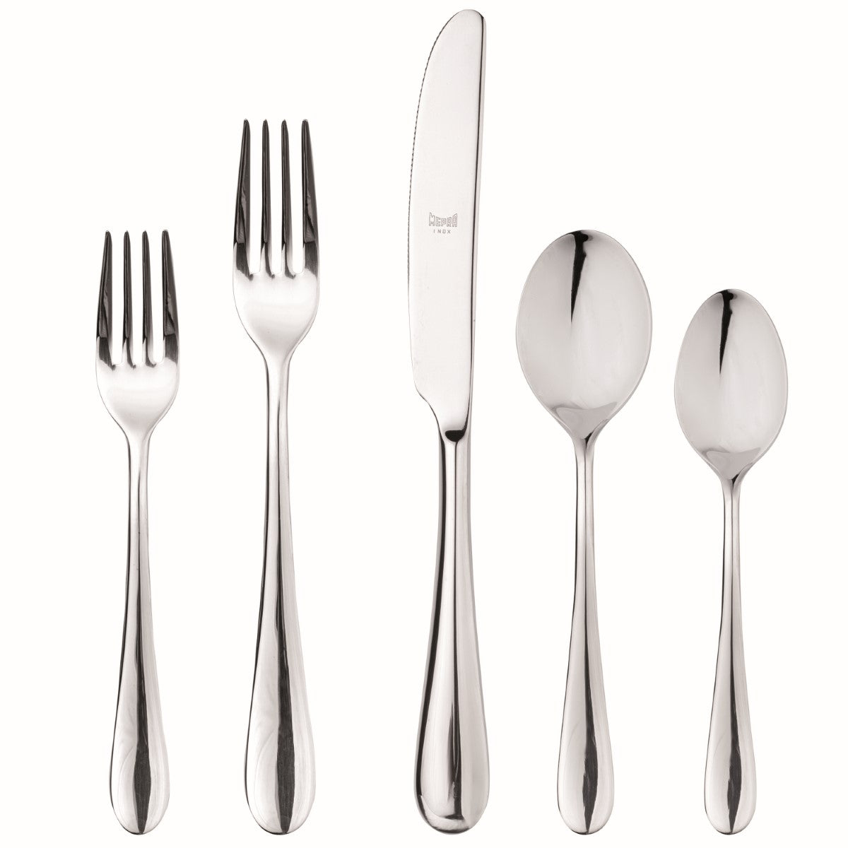 Set of silver cutlery including forks, knife, and spoons on a white background