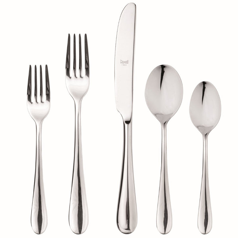 Set of silver cutlery including forks, knife, and spoons on a white background