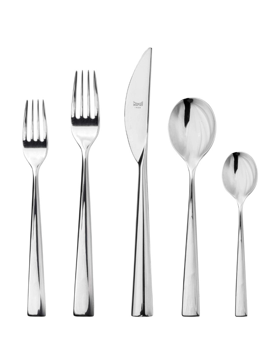 Set of silver cutlery including forks, knife, and spoons on a white background