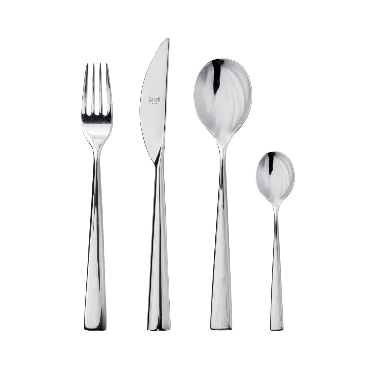 Set of silver cutlery including a fork, knife, and two spoons on a white background.