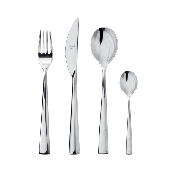 Set of silver cutlery including a fork, knife, and two spoons on a white background.